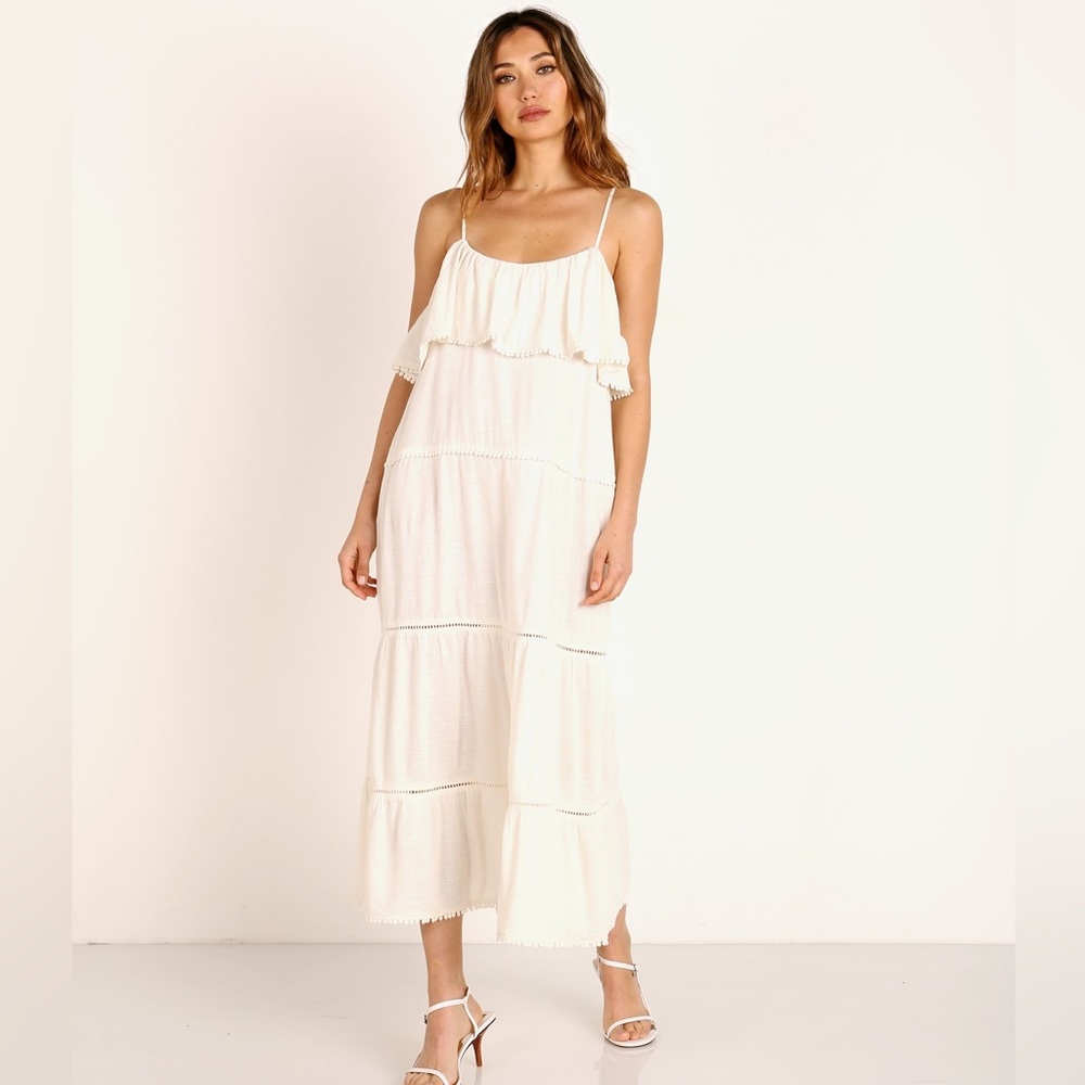 NWOT Show Me Your Mumu Midi Cream Tiered Dress w Pom Pom detail - XS